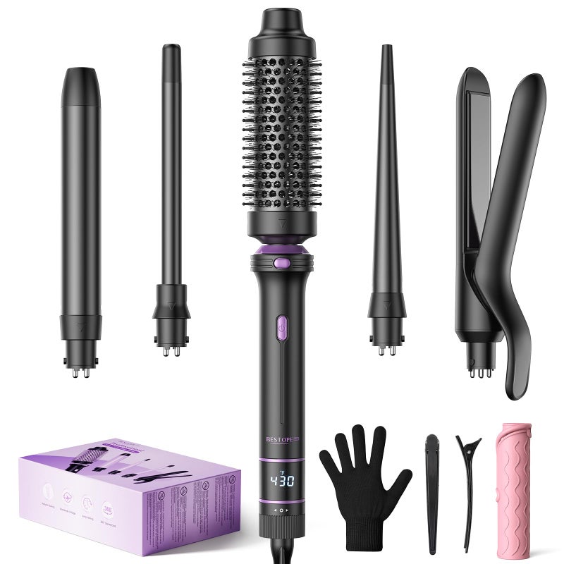 BESTOPE PRO 5 in 1 Curling Iron Curling Wand Set with Thermal Brush Flat Iron Hair Straightener 3 Ceramic Irons 0351 13 Adjustable Temps Hair Curler Waver with Heat Resistant Mat Glove Clip - Image 2