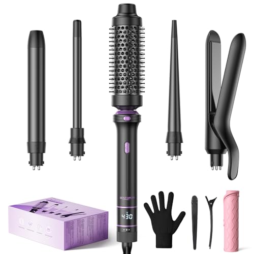 BESTOPE PRO 5 in 1 Curling Iron Curling Wand Set with Thermal Brush Flat Iron Hair Straightener 3 Ceramic Irons 0351 13 Adjustable Temps Hair Curler Waver with Heat Resistant Mat Glove Clip - Image 1