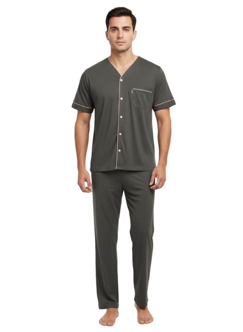 Men Summer Pajama Set Plain Top & Plain Bottom