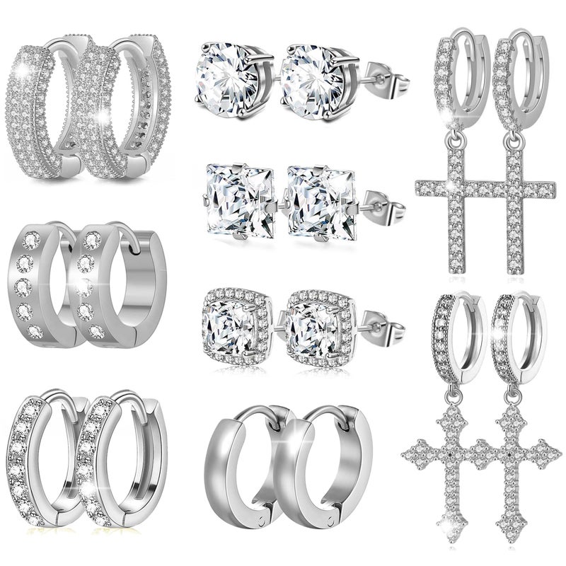 FEYIR 9 Pairs Earrings for Men Stainless Steel Small Hoop Earrings Hypoallergenic CZ Cross Dangle Earrings Cubic Zirconia Stud Earrings Huggie Men's Earrings Set - Image 1