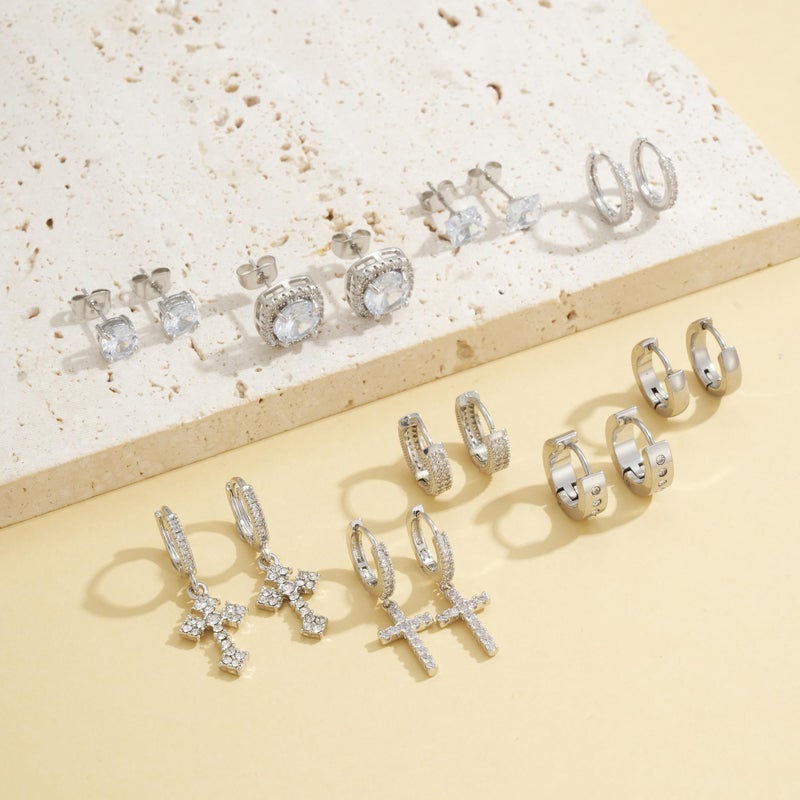 FEYIR 9 Pairs Earrings for Men Stainless Steel Small Hoop Earrings Hypoallergenic CZ Cross Dangle Earrings Cubic Zirconia Stud Earrings Huggie Men's Earrings Set - Image 4
