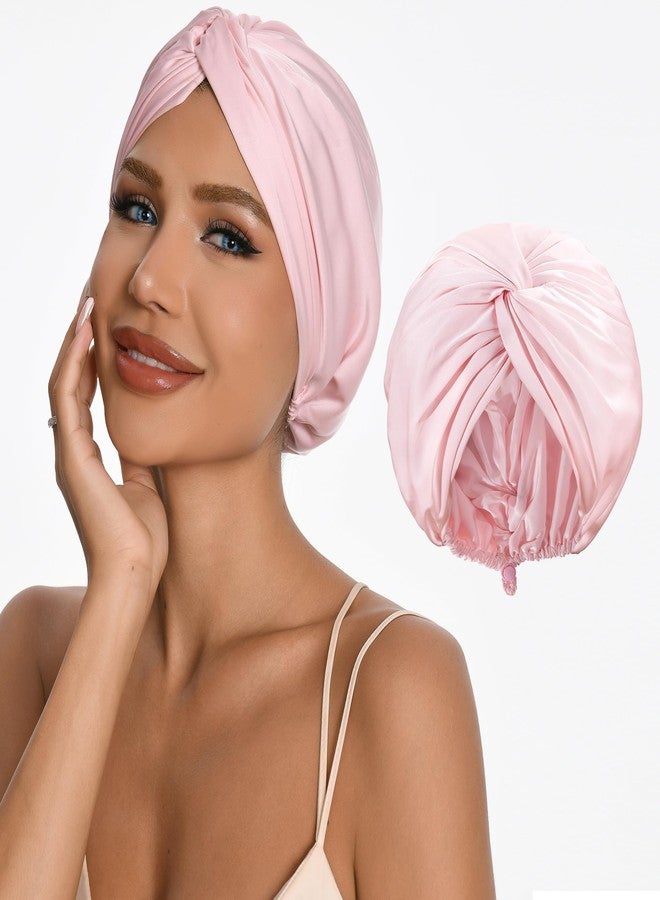 elio Adjustable Silk Satin Hair Bonnet for Sleeping with 5% Mulberry Silk - Double Layer Hair Cap for Women & Men, Extra Smooth Night Cap for Curly, Braided, Natural Hair - Silk Shower Cap (Pink) - Image 1