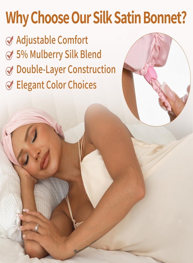 elio Adjustable Silk Satin Hair Bonnet for Sleeping with 5% Mulberry Silk - Double Layer Hair Cap for Women & Men, Extra Smooth Night Cap for Curly, Braided, Natural Hair - Silk Shower Cap (Pink) - Image 2