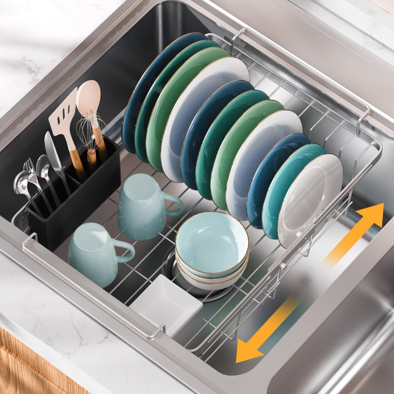 Orgneas Capacity Expandable Dish Drying Rack in Sink, Stainless Steel Rustproof Over Sink Dish Drainer Rack with Utensil Holder for RV Kitchen Counter, Fit for Interior Width 10.5''~17'' Sinks - Image 1