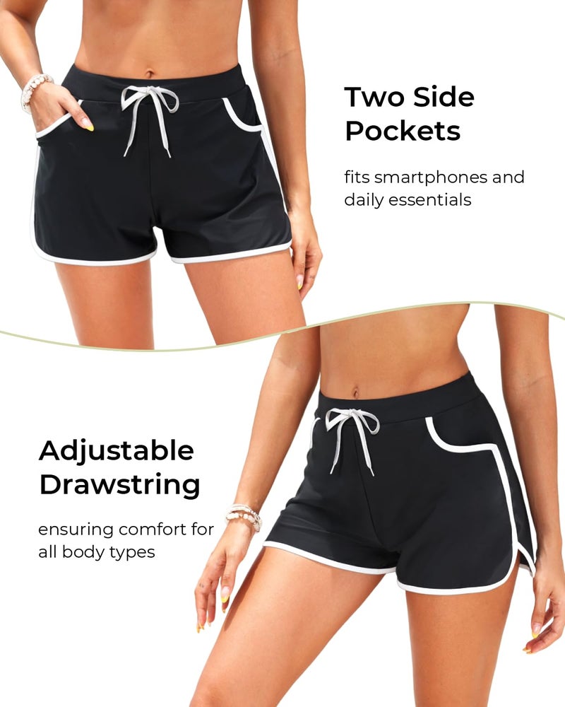 Tempt Me Women Swim Shorts with Pockets - Black Beach Boardshorts Drawstring Swim Trunks Bathing Suit Bottoms 2025 M - Image 4