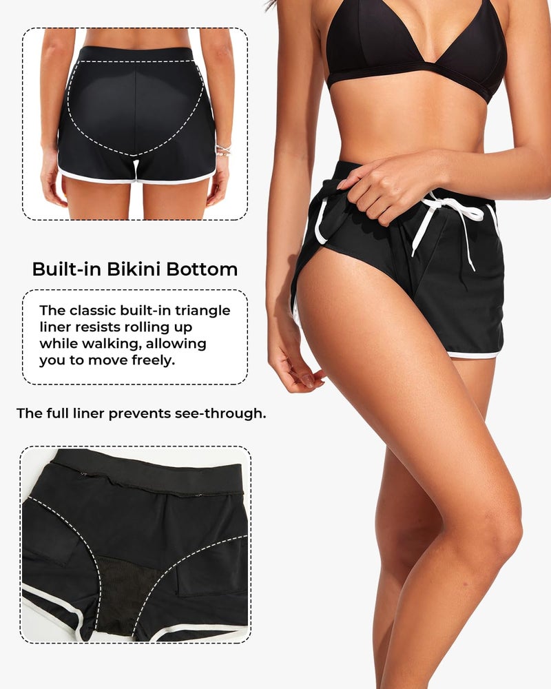 Tempt Me Women Swim Shorts with Pockets - Black Beach Boardshorts Drawstring Swim Trunks Bathing Suit Bottoms 2025 M - Image 3
