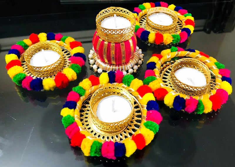 Evisha 5 Pcs Designer Pom Pom Hand Made Tea Light Candles Holder for Diwali Decoration | Decorative Diya Tealight Candle Holder | Diwali Diya for Home Decoration (Including 4 Tea Lights) D-4 - Image 1