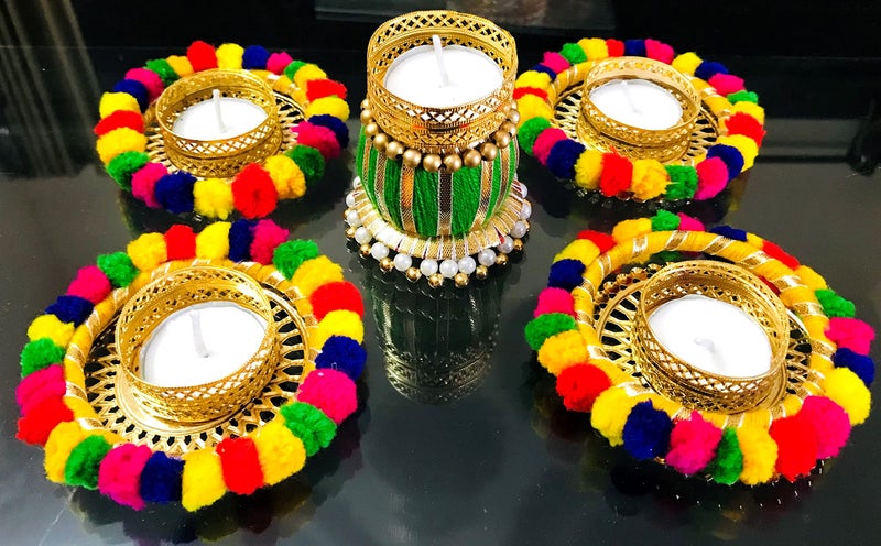 Evisha 5 Pcs Designer Pom Pom Hand Made Tea Light Candles Holder for Diwali Decoration | Decorative Diya Tealight Candle Holder | Diwali Diya for Home Decoration (Including 4 Tea Lights) D-4 - Image 3