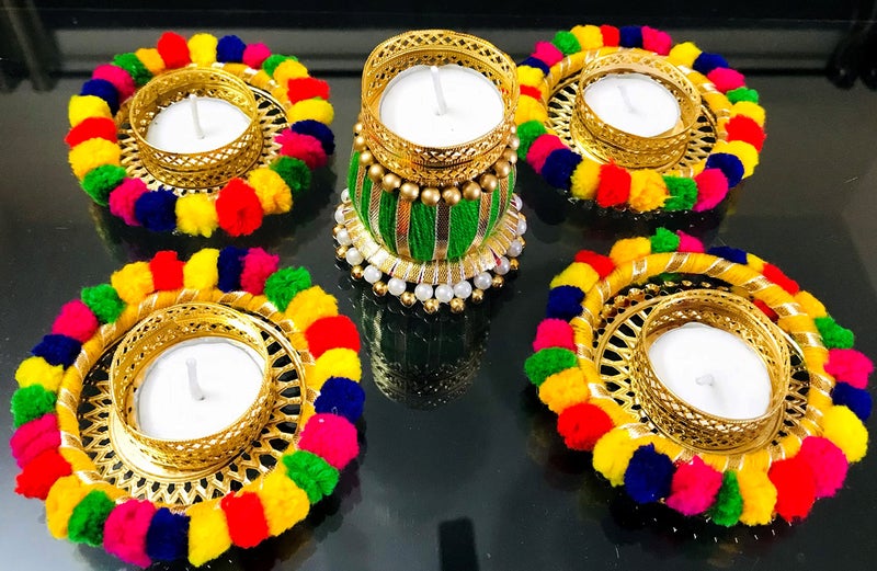 Evisha 5 Pcs Designer Pom Pom Hand Made Tea Light Candles Holder for Diwali Decoration | Decorative Diya Tealight Candle Holder | Diwali Diya for Home Decoration (Including 4 Tea Lights) D-4 - Image 2