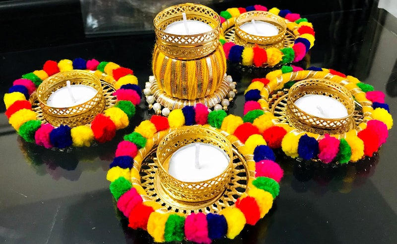 Evisha 5 Pcs Designer Pom Pom Hand Made Tea Light Candles Holder for Diwali Decoration | Decorative Diya Tealight Candle Holder | Diwali Diya for Home Decoration (Including 4 Tea Lights) D-4 - Image 5