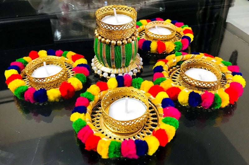 Evisha 5 Pcs Designer Pom Pom Hand Made Tea Light Candles Holder for Diwali Decoration | Decorative Diya Tealight Candle Holder | Diwali Diya for Home Decoration (Including 4 Tea Lights) D-4 - Image 4