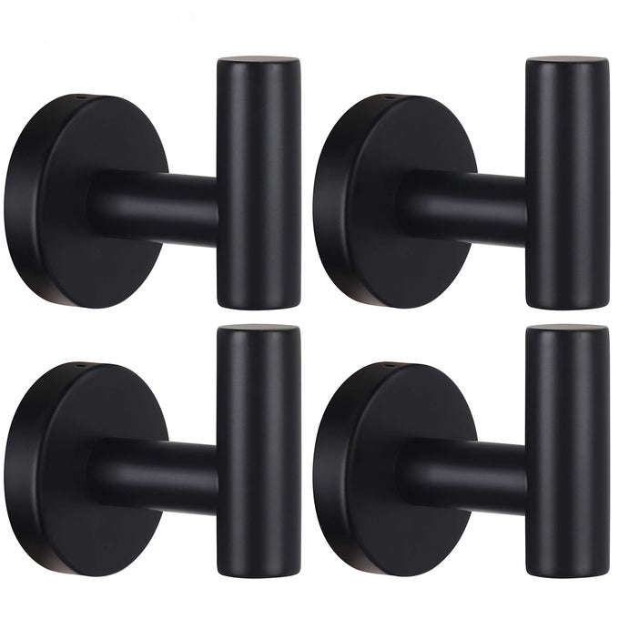 TOWEL HOOKS BATHROOM COAT ROBE WALL HOOK STAINLESS STEEL HEAVY DUTY DOOR HANGER TOWEL ROBE CLOTHES CABINET CLOSET SPONGES RACK FOR BATHROOM BEDROOM KITCHEN HOTEL POOL 4 PACKS MATTE BLACK