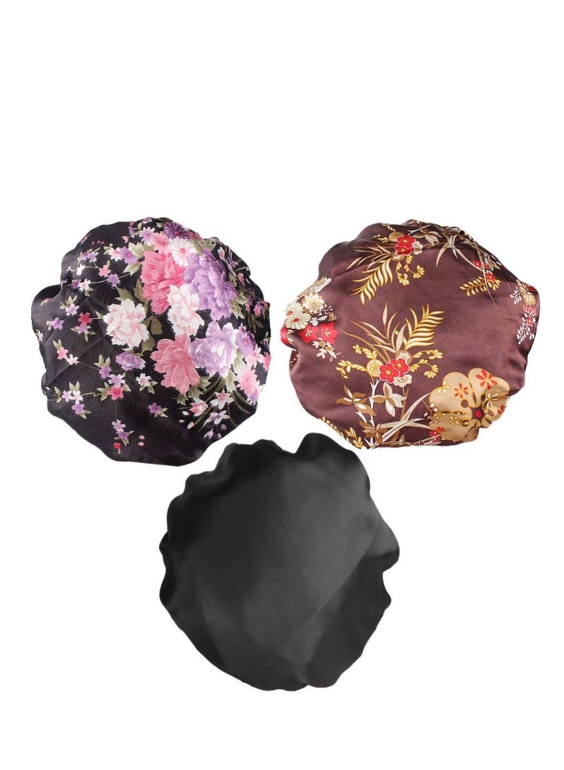 Mobestech 3Pcs Sleep Night Caps Wide Band Silk Satin Bonnet Night Head Cover Soft Hair Turban Chemo Caps Hair Loss Hats for Women