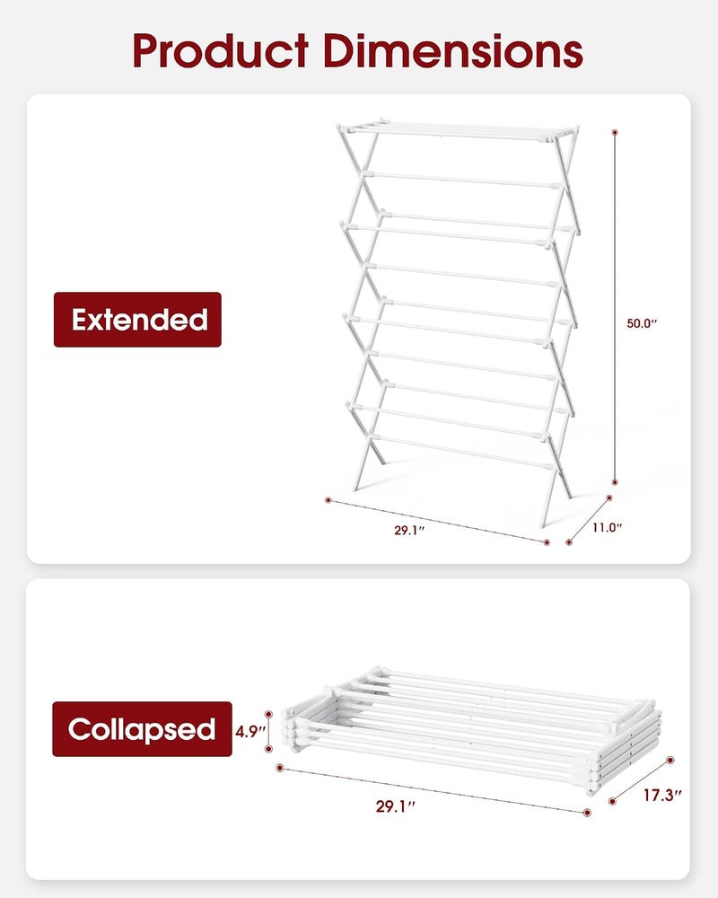 Sakugi Foldable Clothes Drying Rack – Metal Laundry Drying Rack with Non-Slip Feet, 4-Tier Space-Saving Clothing Rack for Organization, Indoor & Outdoor Use, 11.4" D x 29.1" W x 50.0" H, White - Image 3