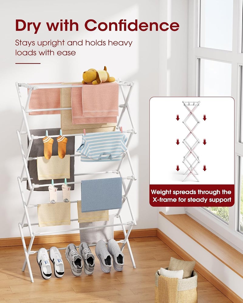 Sakugi Foldable Clothes Drying Rack – Metal Laundry Drying Rack with Non-Slip Feet, 4-Tier Space-Saving Clothing Rack for Organization, Indoor & Outdoor Use, 11.4" D x 29.1" W x 50.0" H, White - Image 2