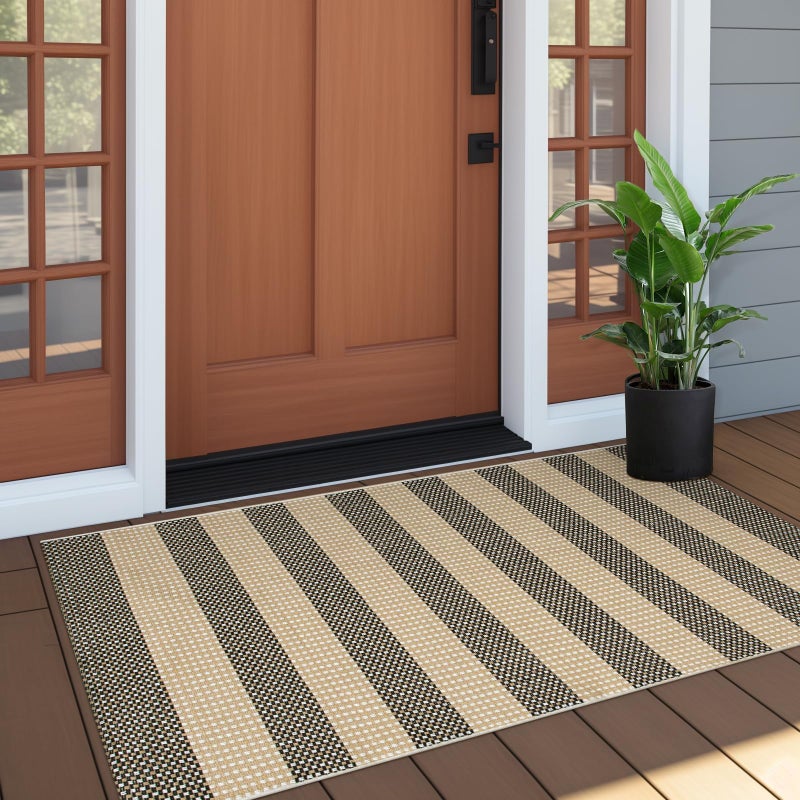 OJIA Front Door Rug 24"x51" Outdoor Doormat Washable Front Door Mat Indoor Entrance Tan Washable Porch Rug Woven Striped Outdoor Mat Entryway Rugs Small Area Rug for Kitchen Entry Bathroom - Image 1