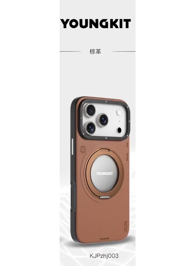 يونج كيت جراب BUCKSAA الجلدي القابل للدوران 360 درجة لهاتف iPhone 17pro max، متوافق مع الشحن اللاسلكي Mag-Safe | مزود بمسند مغناطيسي دوار مدمج | نسيج جلدي فاخر | إصدار بني - Image 1
