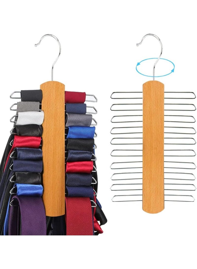 Oasisgalore 2 Pcs Wooden Tie Hanger with 20 Metal Partitions, Swivel Rack for Ties, Belts, Scarves & Neckties  - Image 1