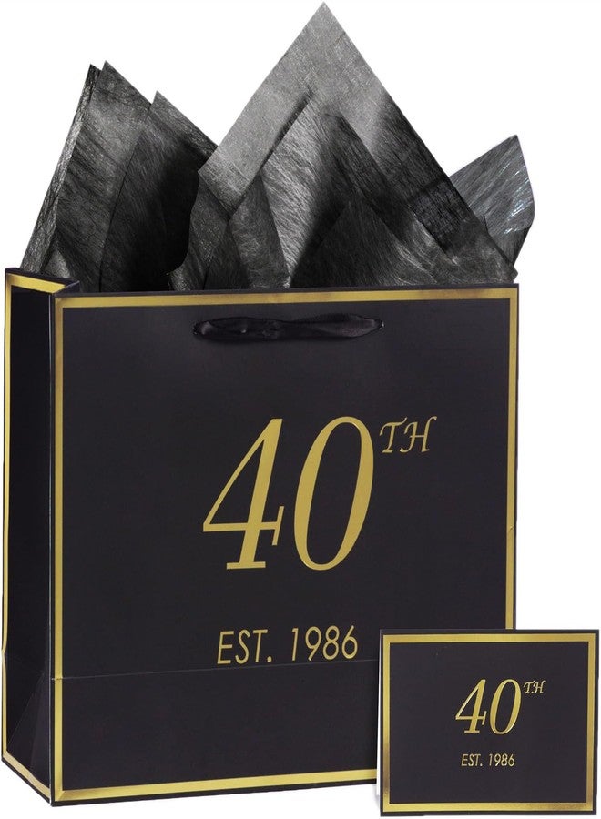 momoake 40th Birthday Gift Bag with Card and Tissue Paper for Men Women Him, 1986 40 Year Old 13" Elegant Black Gold Anniversary Keepsake Party Present Shopping Paper Bags for Gifts Wrapping (1986 40th) - Image 1