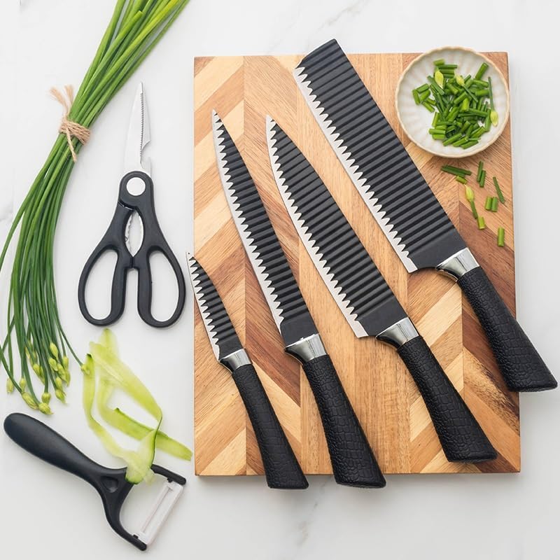MGNLR 6 Piece Combination Knife Set NonStick Wave Design Anti Slip Handle Chefs Knife Cleaver Carving Paring Knife Peeler Shears Scissors Chefs Knife with NonSlip Handle for Home Black - Image 1