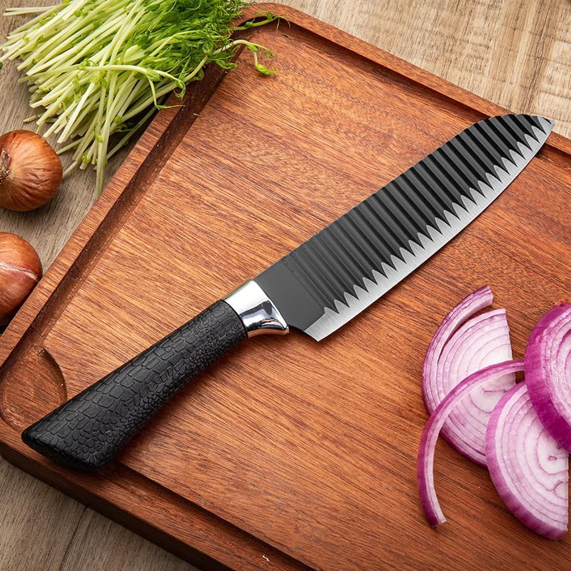 MGNLR 6 Piece Combination Knife Set NonStick Wave Design Anti Slip Handle Chefs Knife Cleaver Carving Paring Knife Peeler Shears Scissors Chefs Knife with NonSlip Handle for Home Black - Image 5