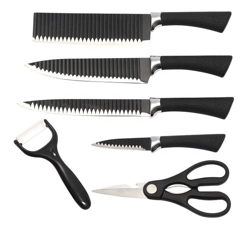 MGNLR 6 Piece Combination Knife Set NonStick Wave Design Anti Slip Handle Chefs Knife Cleaver Carving Paring Knife Peeler Shears Scissors Chefs Knife with NonSlip Handle for Home Black - Image 2
