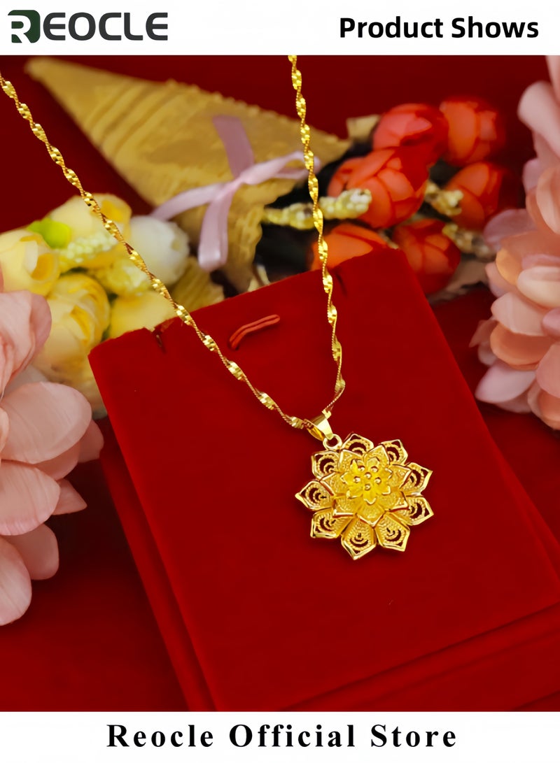 REOCLE Women's Flower Necklace Fashionable Gold-plated Pendant Collarbone Necklace Water Ripple Chain Luxury Jewelry Accessories Wedding Ornaments Gift for Mother & Girlfriend  - Image 2