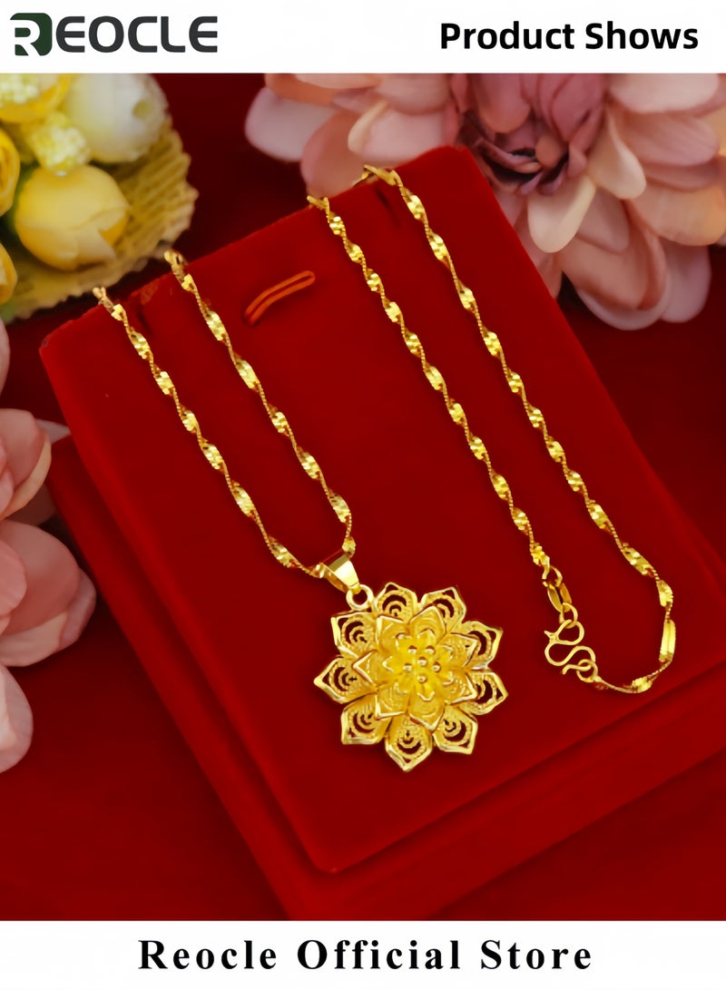 REOCLE Women's Flower Necklace Fashionable Gold-plated Pendant Collarbone Necklace Water Ripple Chain Luxury Jewelry Accessories Wedding Ornaments Gift for Mother & Girlfriend  - Image 3