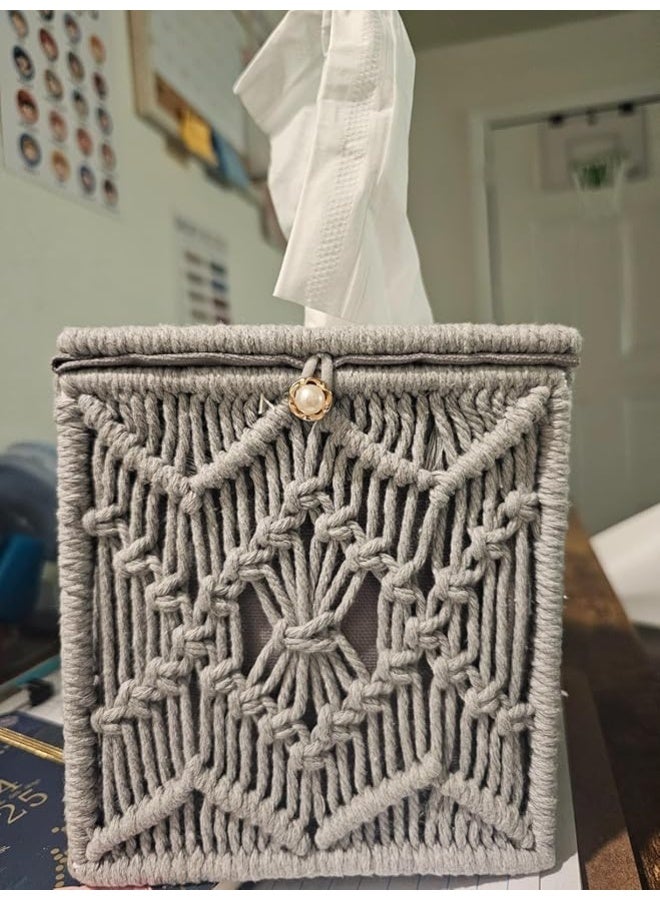 انتيكيانو علبة مناديل بتصميم مكرمية -منظم مناديل بوهيمي منسوج يدويا - 5.5X5.5X 5.9 - Image 2