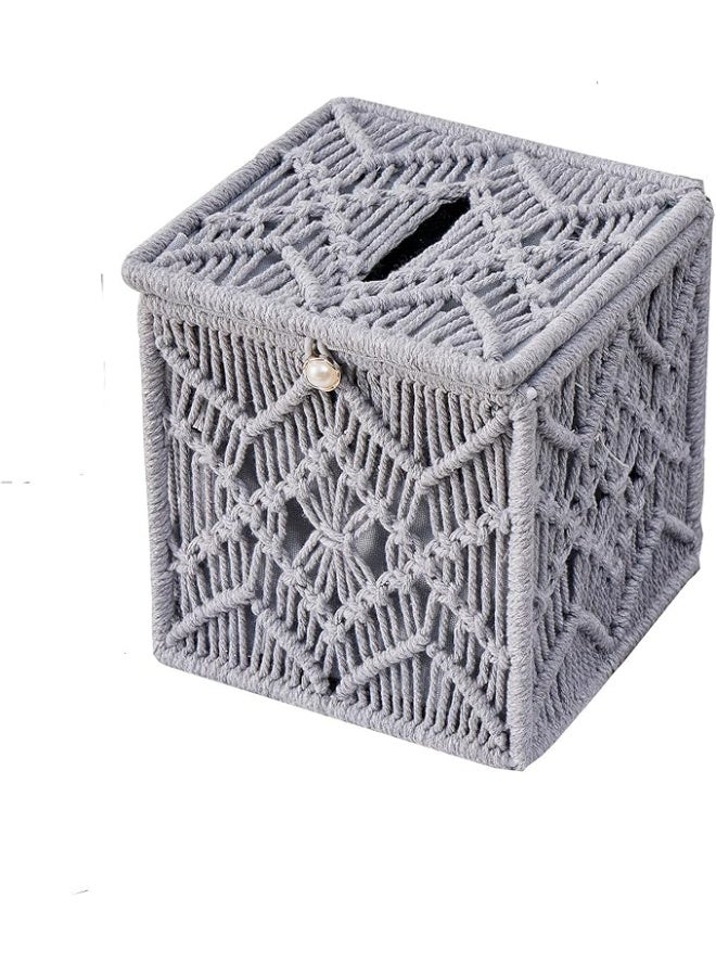 انتيكيانو علبة مناديل بتصميم مكرمية -منظم مناديل بوهيمي منسوج يدويا - 5.5X5.5X 5.9 - Image 1