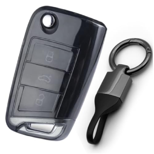 JVCV® Soft TPU Transparent Black Key Cover Compatible with Skoda Kylaq Slavia Kushaq Taigun Tiguan Virtus Octavia Kodiaq Superb Folding Key | Shockproof Slim Fit Case (with Keychain - Style B) - Image 1