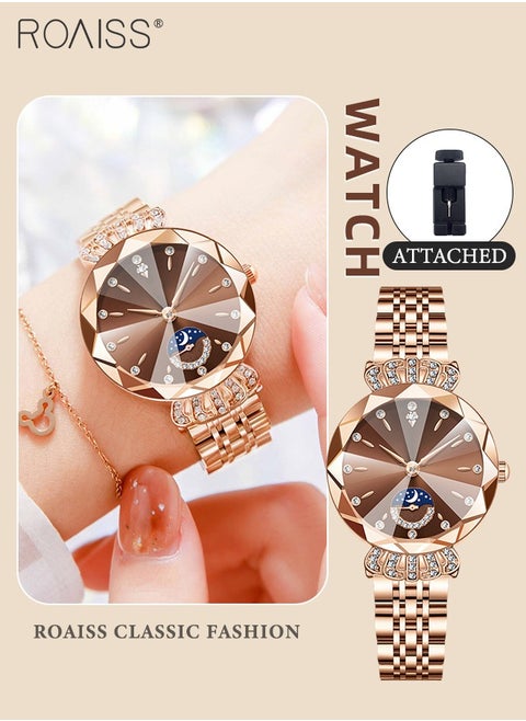 Steel Band Quartz Watch for Women, Analog Display Round Dial with Diamond Decoration with Moon Phase Display, Waterproof Elegant Wristwatch as Gift for Ladies