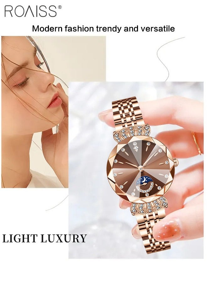 Steel Band Quartz Watch for Women, Analog Display Round Dial with Diamond Decoration with Moon Phase Display, Waterproof Elegant Wristwatch as Gift for Ladies