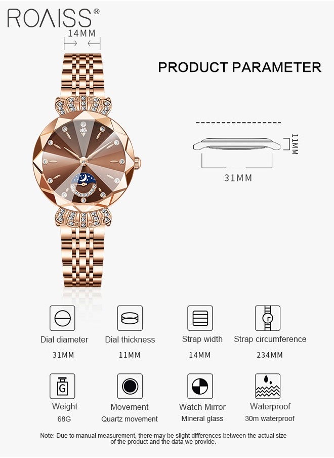 Steel Band Quartz Watch for Women, Analog Display Round Dial with Diamond Decoration with Moon Phase Display, Waterproof Elegant Wristwatch as Gift for Ladies