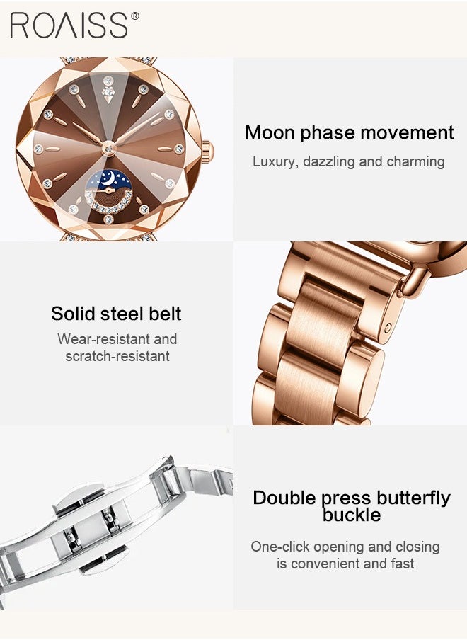 Steel Band Quartz Watch for Women, Analog Display Round Dial with Diamond Decoration with Moon Phase Display, Waterproof Elegant Wristwatch as Gift for Ladies