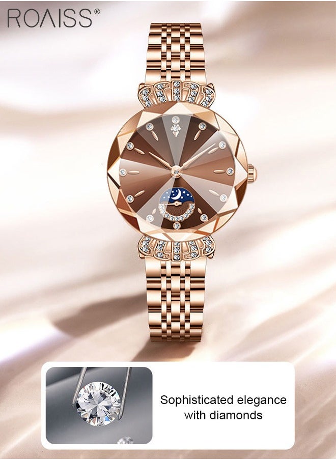Steel Band Quartz Watch for Women, Analog Display Round Dial with Diamond Decoration with Moon Phase Display, Waterproof Elegant Wristwatch as Gift for Ladies
