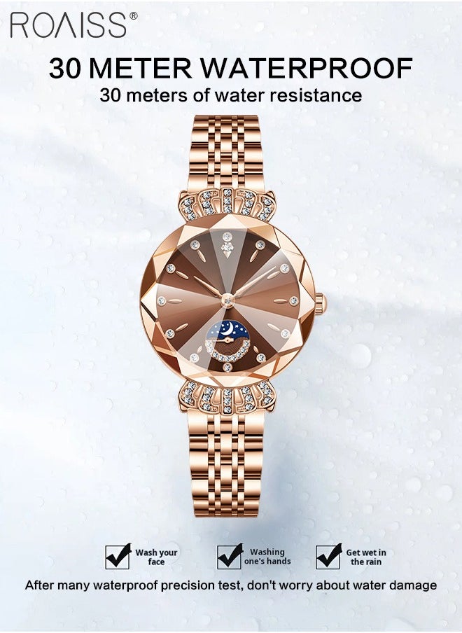 Steel Band Quartz Watch for Women, Analog Display Round Dial with Diamond Decoration with Moon Phase Display, Waterproof Elegant Wristwatch as Gift for Ladies