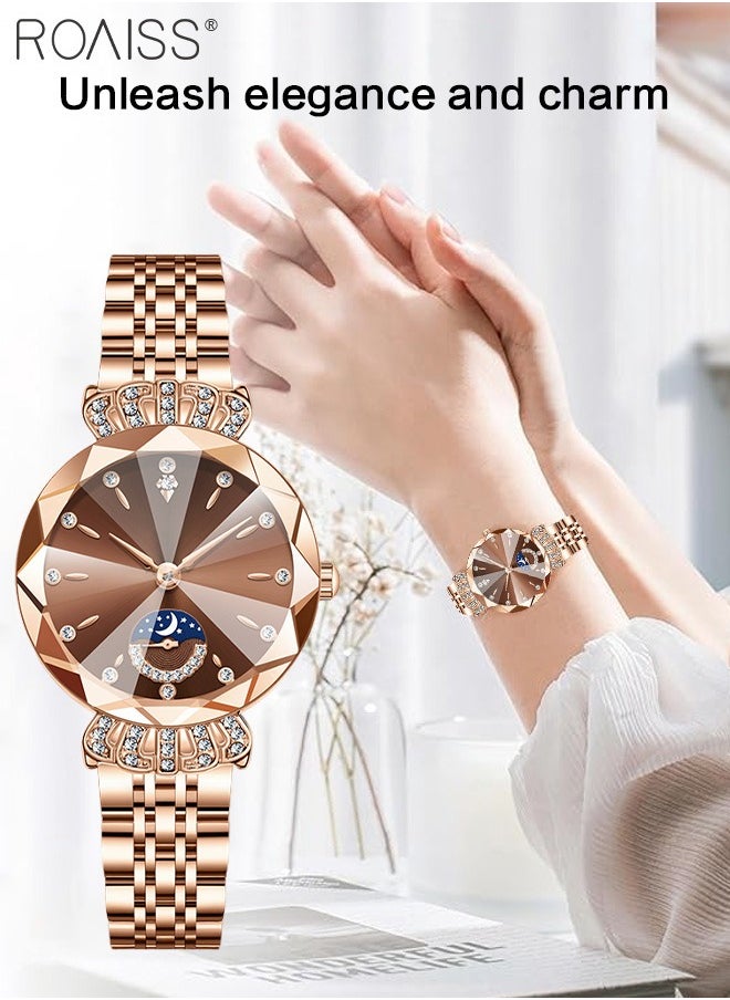 Steel Band Quartz Watch for Women, Analog Display Round Dial with Diamond Decoration with Moon Phase Display, Waterproof Elegant Wristwatch as Gift for Ladies