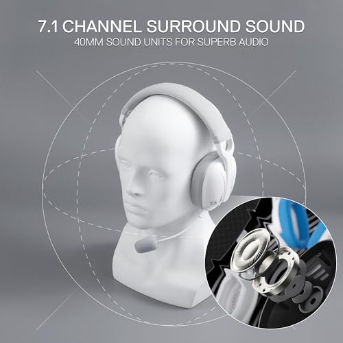 Redragon H878 3-Mode Wireless Blue Lighting Gaming Headset - Lightweight - 7.1 Surround Sound - 40MM Drivers - Detachable Microphone - Multi Platforms for PC, PS5/4/3, Switch, Mobile, White&Gray - Image 3