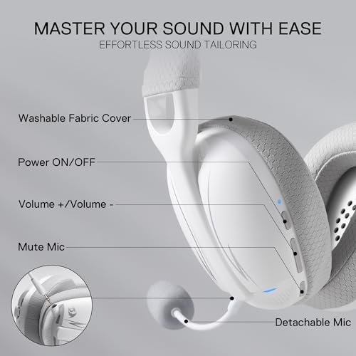 Redragon H878 3-Mode Wireless Blue Lighting Gaming Headset - Lightweight - 7.1 Surround Sound - 40MM Drivers - Detachable Microphone - Multi Platforms for PC, PS5/4/3, Switch, Mobile, White&Gray - Image 4