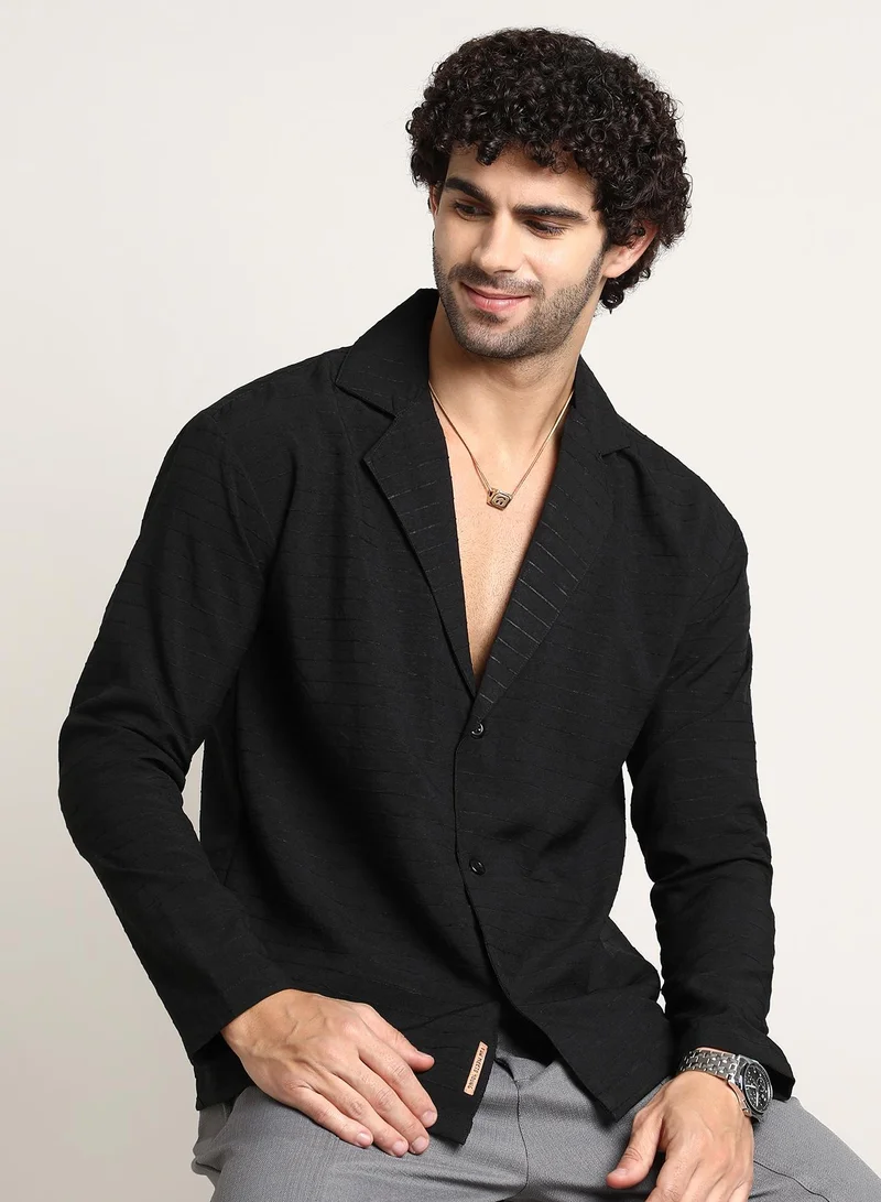 Campus Sutra Men's Onyx Black Striped Cuban Shirt For Casual Wear | Cuban Collar | Long Regular Sleeves | Button Closure | Shirt Crafted With Comfort Fit For Everyday Wear