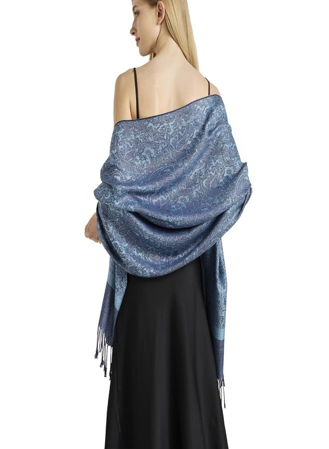 شالات فيميت بيزلي باشمينا - شالات وأوشحة باشمينا أنيقة باللون الأزرق الفولاذي الدافئ للنساء، مناسبة لفساتين السهرة الرسمية (النمط 1 - أزرق فولاذي) - Image 2