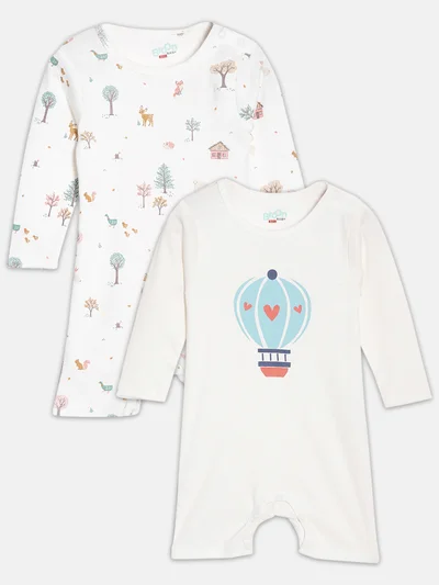 Broon Broon Infant Boys White Printed Organic Cotton Rompers Pack of 2