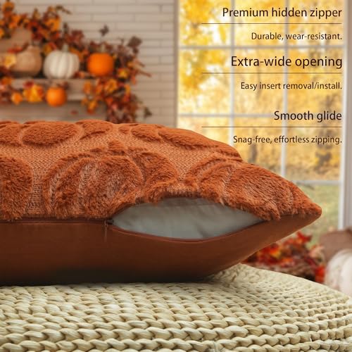GEEORY Fall Pillow Covers 18 x 18 Inch Set of 2, Fall Decorations Pumpkins Soft Plush Fluffy Faux Fur Wool Decorative Autumn Thanksgiving Farmhouse Cushion Case for Sofa Rust GC001-18 - Image 3