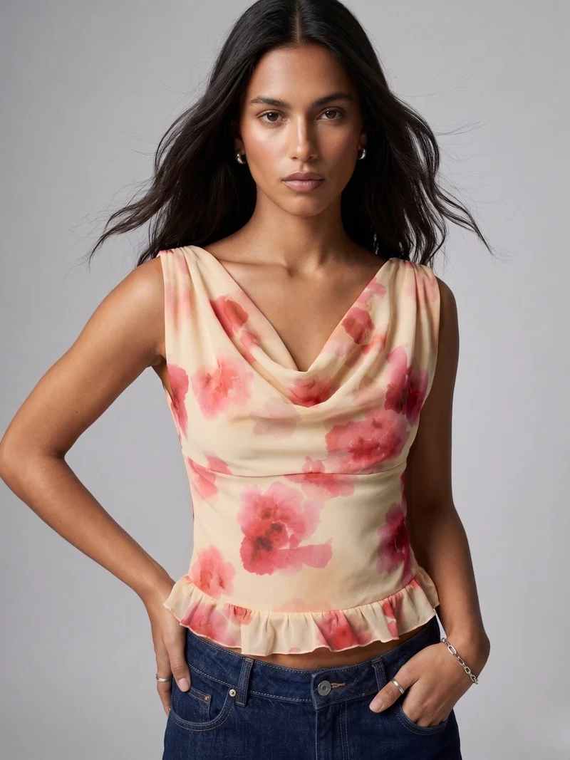 OUTZIDR Multi Floral Cowl Neck Mesh Top