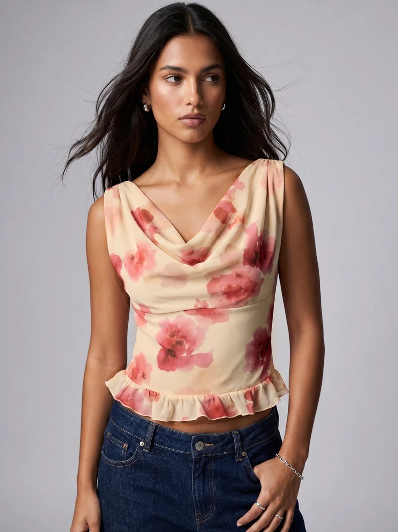 OUTZIDR Multi Floral Cowl Neck Mesh Top