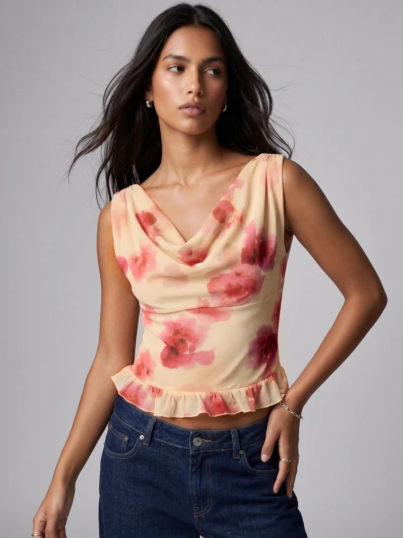 Outzidr  Multi Floral Cowl Neck Mesh Top for Women | Best Price UAE