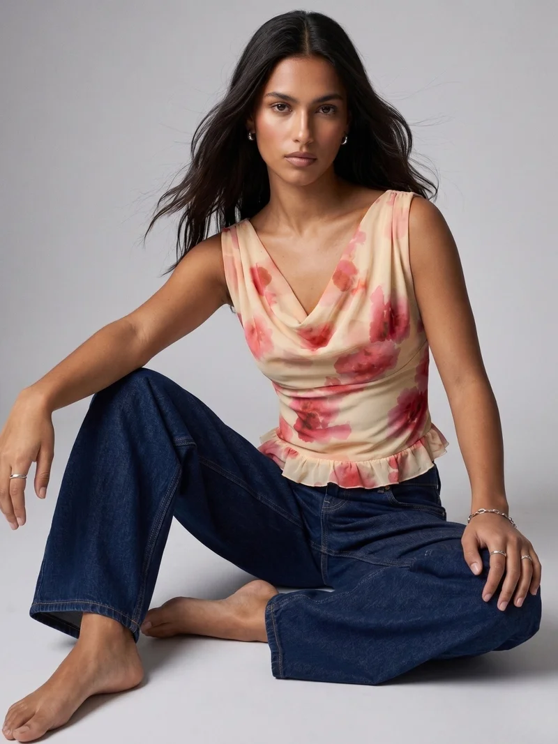 Outzidr  Multi Floral Cowl Neck Mesh Top for Women | Best Price UAE