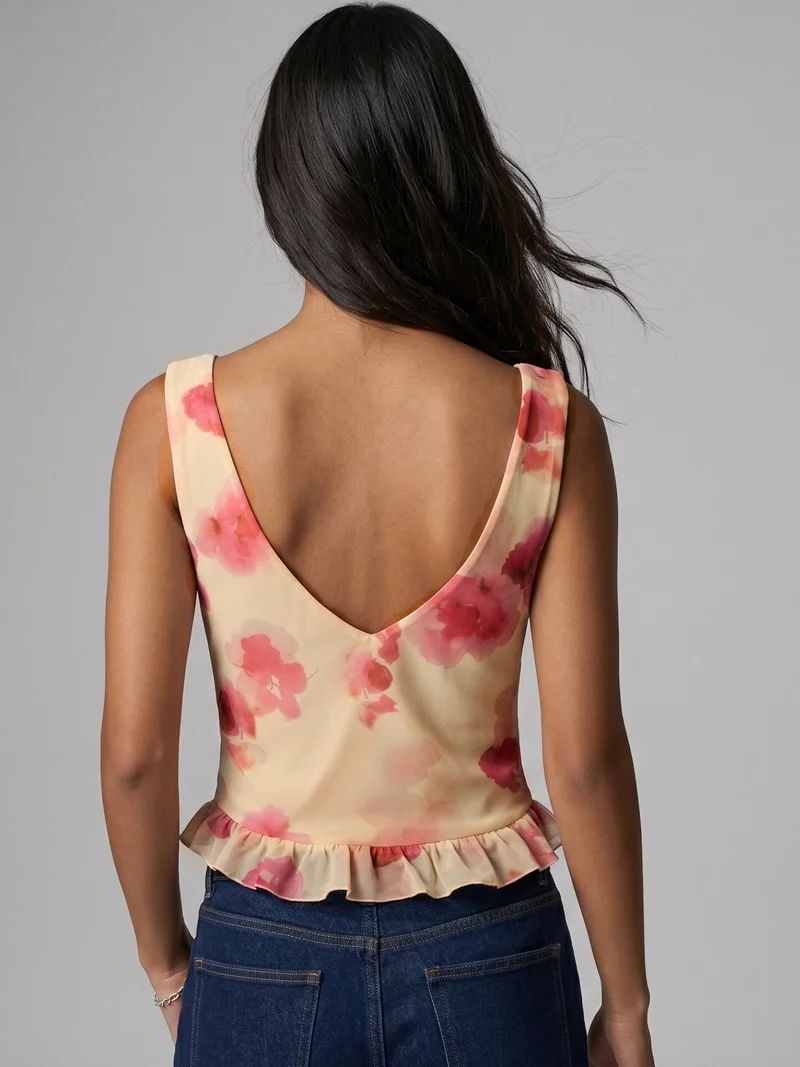 Outzidr  Multi Floral Cowl Neck Mesh Top for Women | Best Price UAE