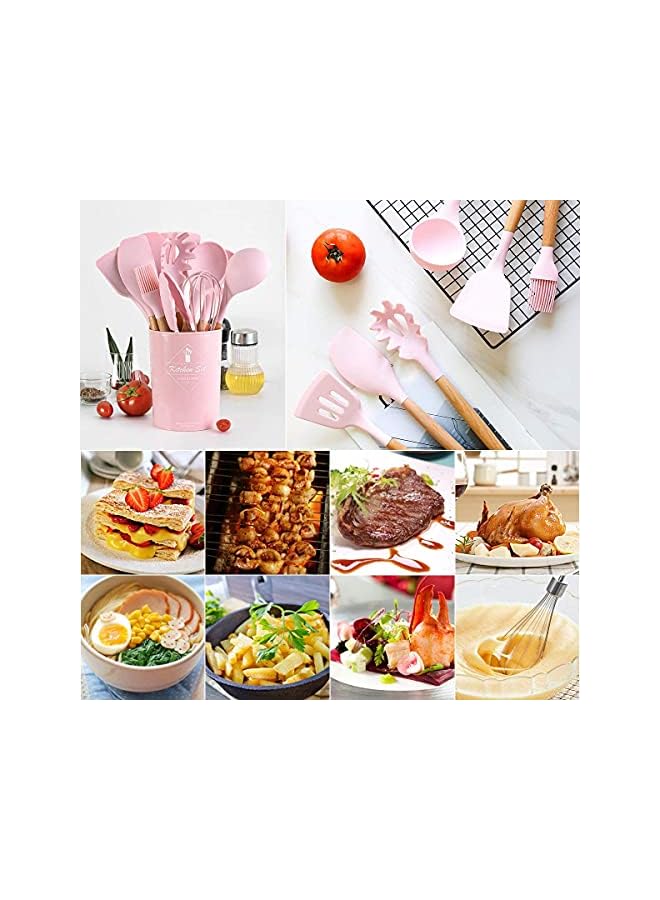 erorex Monoptilon Silicone Cooking Utensils Set of 11 Pieces Nonstick Cookware with Storage Bucket, Heat Resistant Kitchen Untensils Set with Nature Wood Handles (Pink)  - Image 2